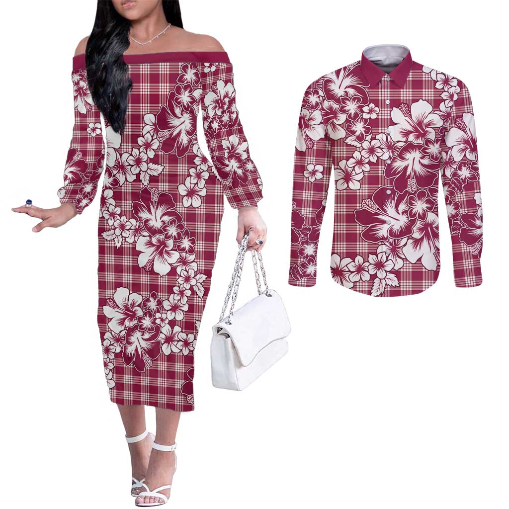 Hibiscus Pakala Royal Magenta Couples Matching Off The Shoulder Long Sleeve Dress and Long Sleeve Button Shirt Tropical Floral Stylized LT01 Magenta - Polynesian Pride