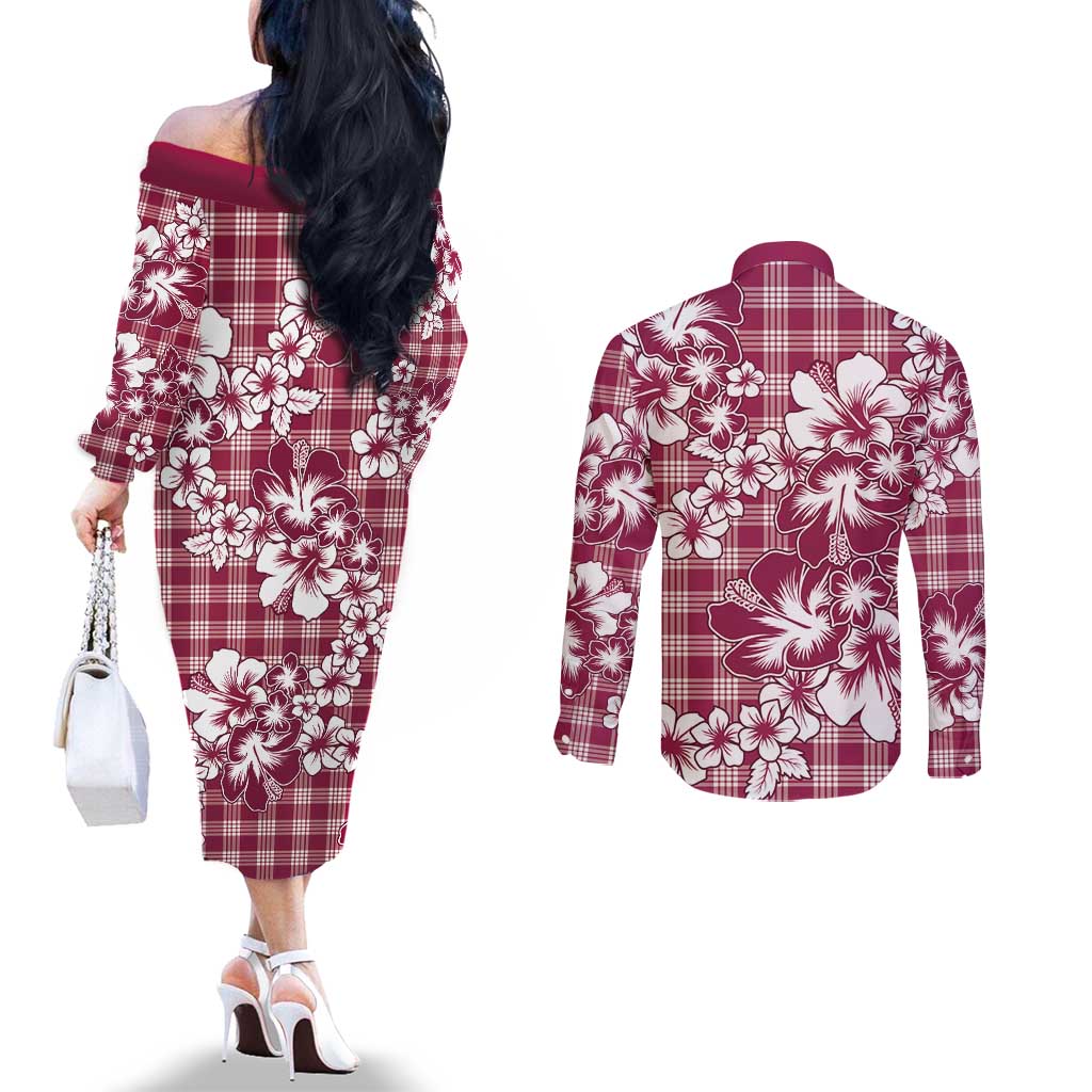 Hibiscus Pakala Royal Magenta Couples Matching Off The Shoulder Long Sleeve Dress and Long Sleeve Button Shirt Tropical Floral Stylized LT01 - Polynesian Pride