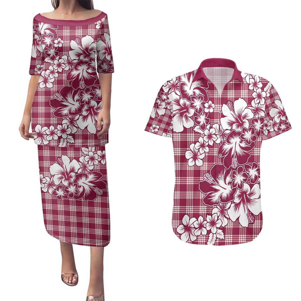 Hibiscus Pakala Royal Magenta Couples Matching Puletasi and Hawaiian Shirt Tropical Floral Stylized - Polynesian Pride