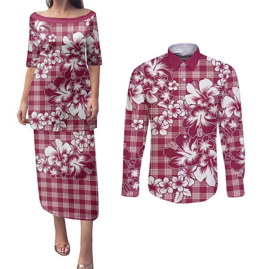 Hibiscus Pakala Royal Magenta Couples Matching Puletasi and Long Sleeve Button Shirt Tropical Floral Stylized LT01 Magenta - Polynesian Pride