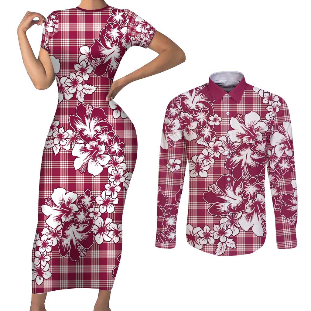 Hibiscus Pakala Royal Magenta Couples Matching Short Sleeve Bodycon Dress and Long Sleeve Button Shirt Tropical Floral Stylized LT01 Magenta - Polynesian Pride