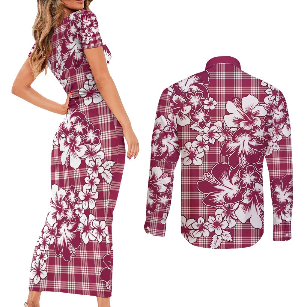 Hibiscus Pakala Royal Magenta Couples Matching Short Sleeve Bodycon Dress and Long Sleeve Button Shirt Tropical Floral Stylized LT01 - Polynesian Pride