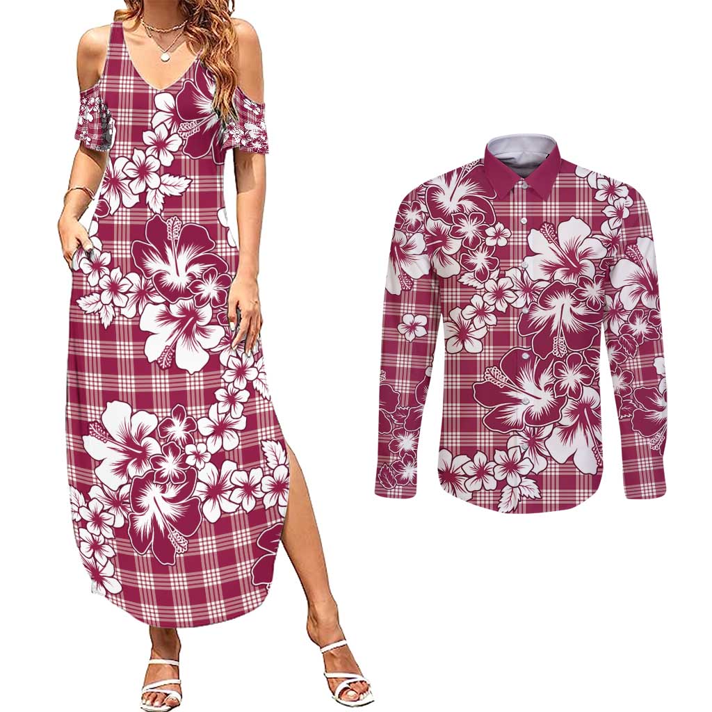 Hibiscus Pakala Royal Magenta Couples Matching Summer Maxi Dress and Long Sleeve Button Shirt Tropical Floral Stylized LT01 Magenta - Polynesian Pride