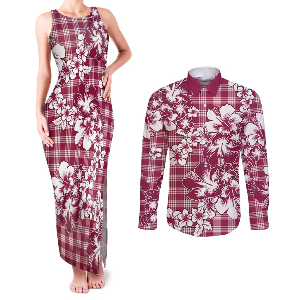 Hibiscus Pakala Royal Magenta Couples Matching Tank Maxi Dress and Long Sleeve Button Shirt Tropical Floral Stylized LT01 Magenta - Polynesian Pride