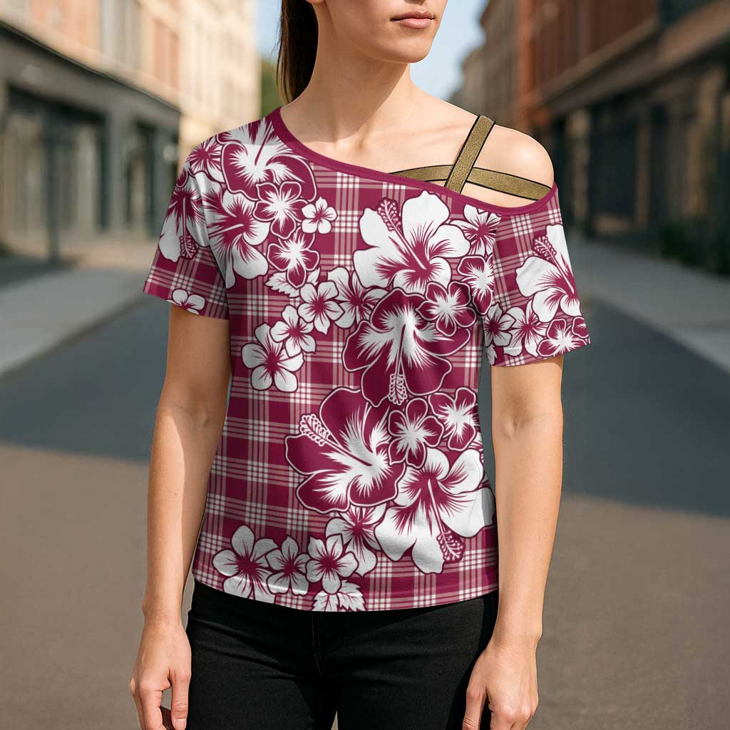 Hibiscus Pakala Royal Magenta Cross Shoulder Shirt Tropical Floral Stylized - Polynesian Pride
