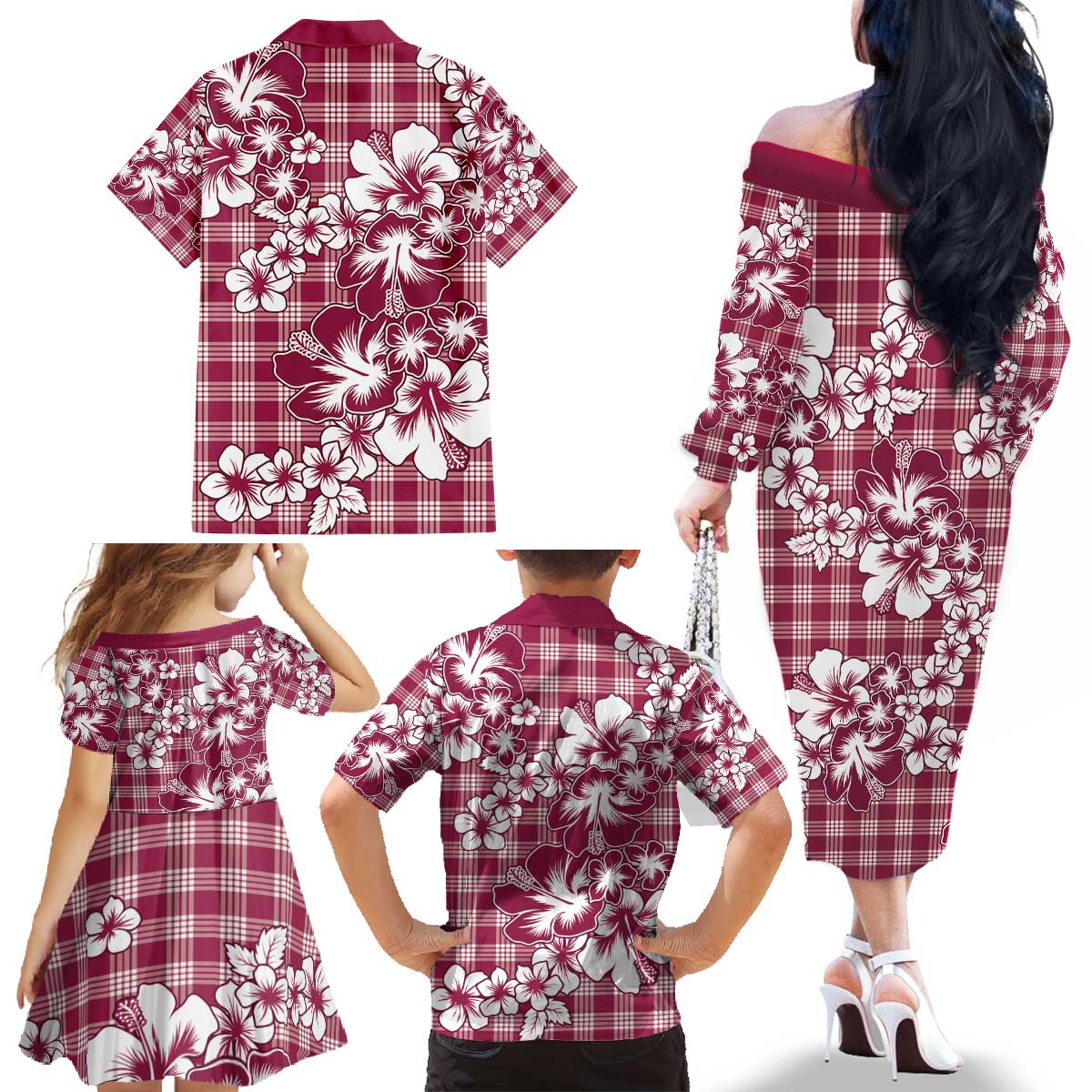 Hibiscus Pakala Royal Magenta Family Matching Off The Shoulder Long Sleeve Dress and Hawaiian Shirt Tropical Floral Stylized LT01 - Polynesian Pride