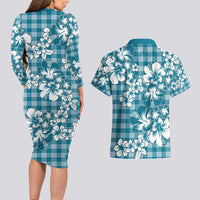 Hibiscus Pakala Ocean Depths Blue Couples Matching Long Sleeve Bodycon Dress and Hawaiian Shirt Tropical Floral Stylized LT01 - Polynesian Pride
