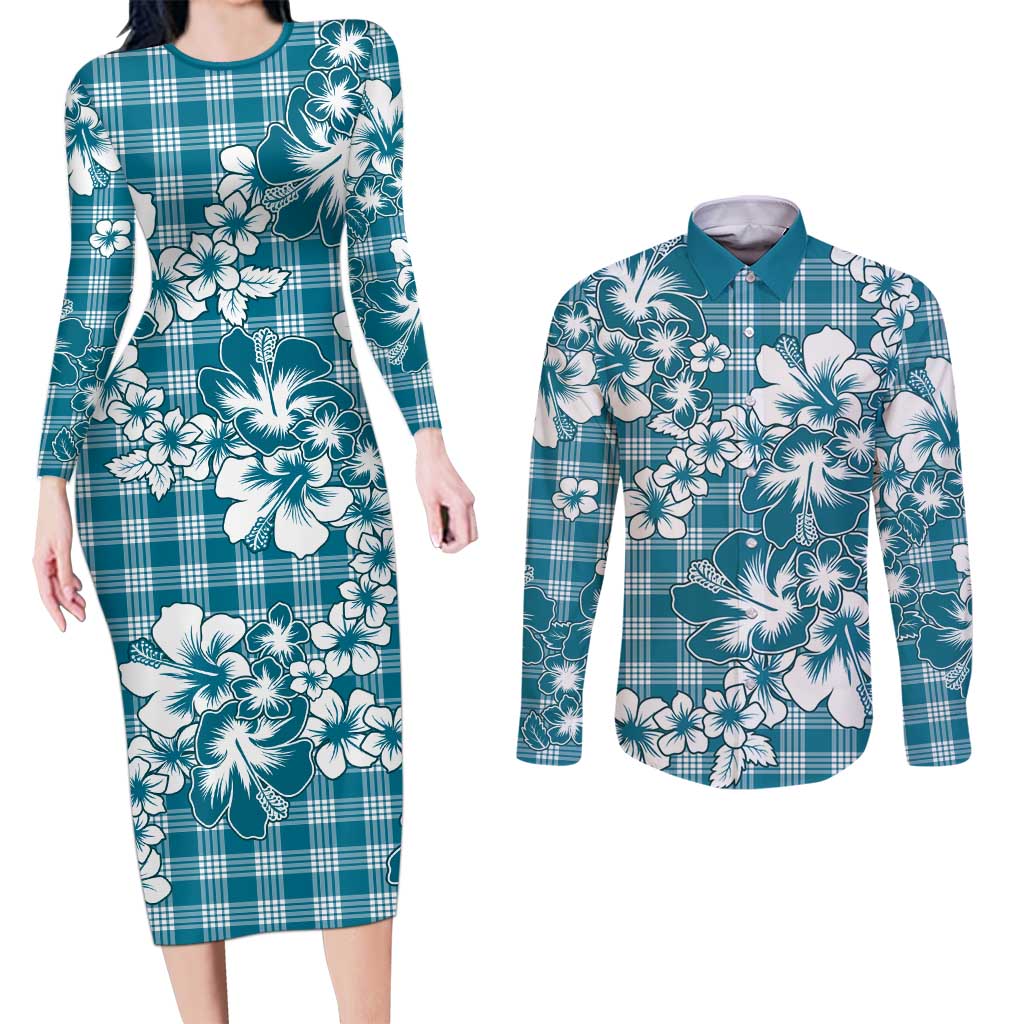 Hibiscus Pakala Ocean Depths Blue Couples Matching Long Sleeve Bodycon Dress and Long Sleeve Button Shirt Tropical Floral Stylized LT01 Blue - Polynesian Pride
