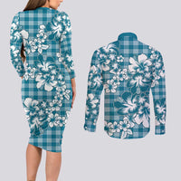 Hibiscus Pakala Ocean Depths Blue Couples Matching Long Sleeve Bodycon Dress and Long Sleeve Button Shirt Tropical Floral Stylized LT01 - Polynesian Pride