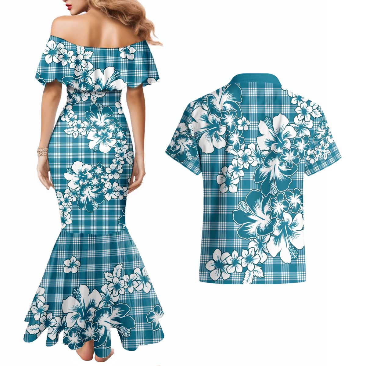 Hibiscus Pakala Ocean Depths Blue Couples Matching Mermaid Dress and Hawaiian Shirt Tropical Floral Stylized LT01 - Polynesian Pride