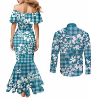 Hibiscus Pakala Ocean Depths Blue Couples Matching Mermaid Dress and Long Sleeve Button Shirt Tropical Floral Stylized LT01 - Polynesian Pride