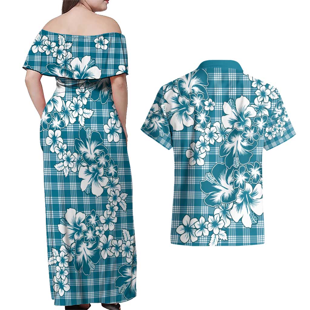 Hibiscus Pakala Ocean Depths Blue Couples Matching Off Shoulder Maxi Dress and Hawaiian Shirt Tropical Floral Stylized LT01 - Polynesian Pride