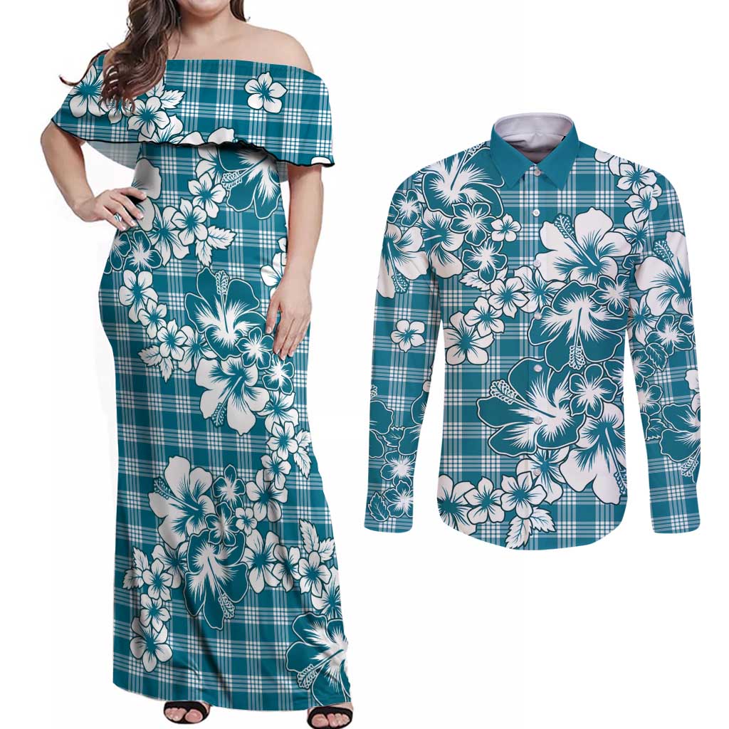 Hibiscus Pakala Ocean Depths Blue Couples Matching Off Shoulder Maxi Dress and Long Sleeve Button Shirt Tropical Floral Stylized LT01 Blue - Polynesian Pride