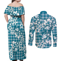 Hibiscus Pakala Ocean Depths Blue Couples Matching Off Shoulder Maxi Dress and Long Sleeve Button Shirt Tropical Floral Stylized LT01 - Polynesian Pride