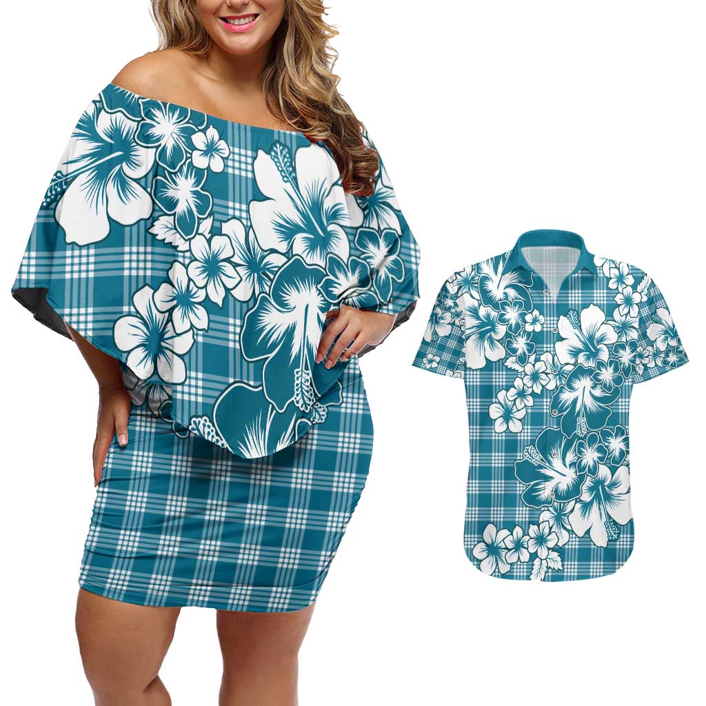 Hibiscus Pakala Ocean Depths Blue Couples Matching Off Shoulder Short Dress and Hawaiian Shirt Tropical Floral Stylized LT01 Blue - Polynesian Pride