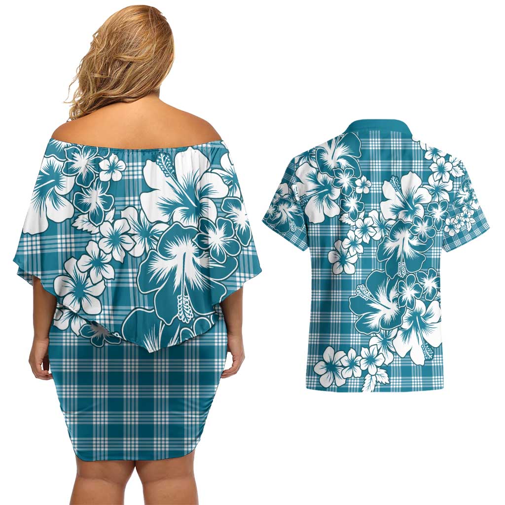 Hibiscus Pakala Ocean Depths Blue Couples Matching Off Shoulder Short Dress and Hawaiian Shirt Tropical Floral Stylized LT01 - Polynesian Pride