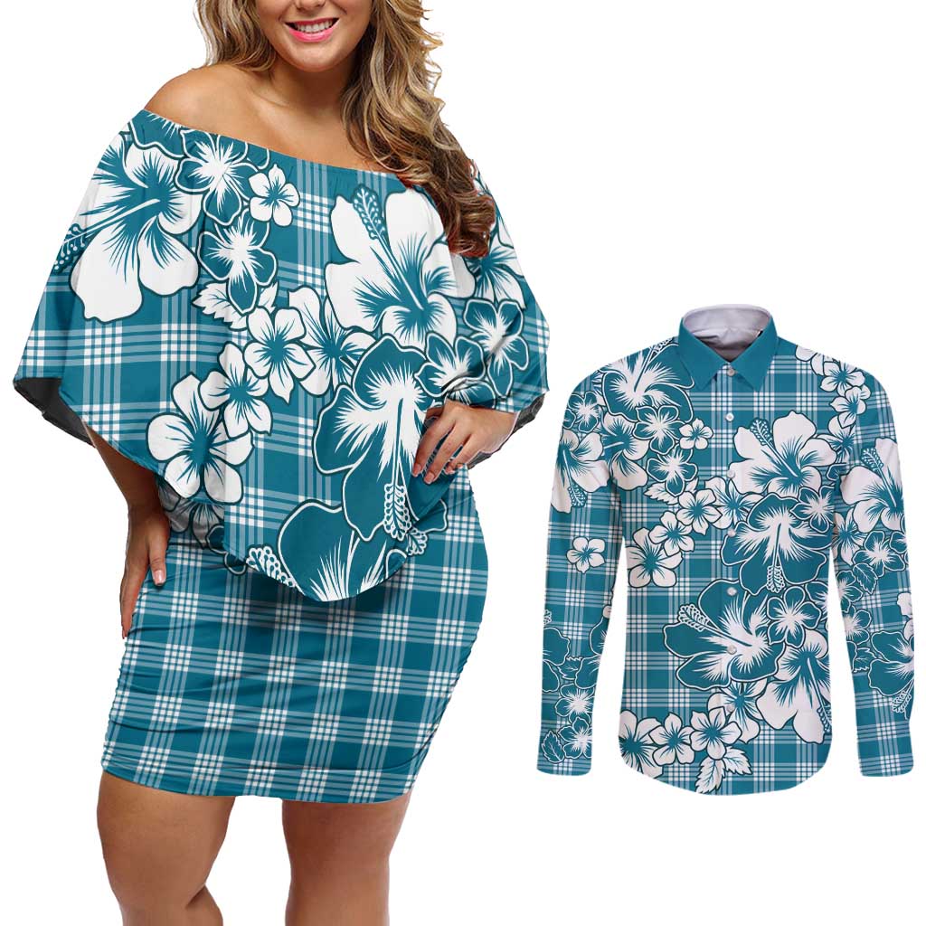 Hibiscus Pakala Ocean Depths Blue Couples Matching Off Shoulder Short Dress and Long Sleeve Button Shirt Tropical Floral Stylized LT01 Blue - Polynesian Pride