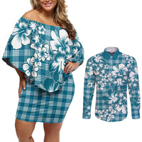 Hibiscus Pakala Ocean Depths Blue Couples Matching Off Shoulder Short Dress and Long Sleeve Button Shirt Tropical Floral Stylized LT01 Blue - Polynesian Pride