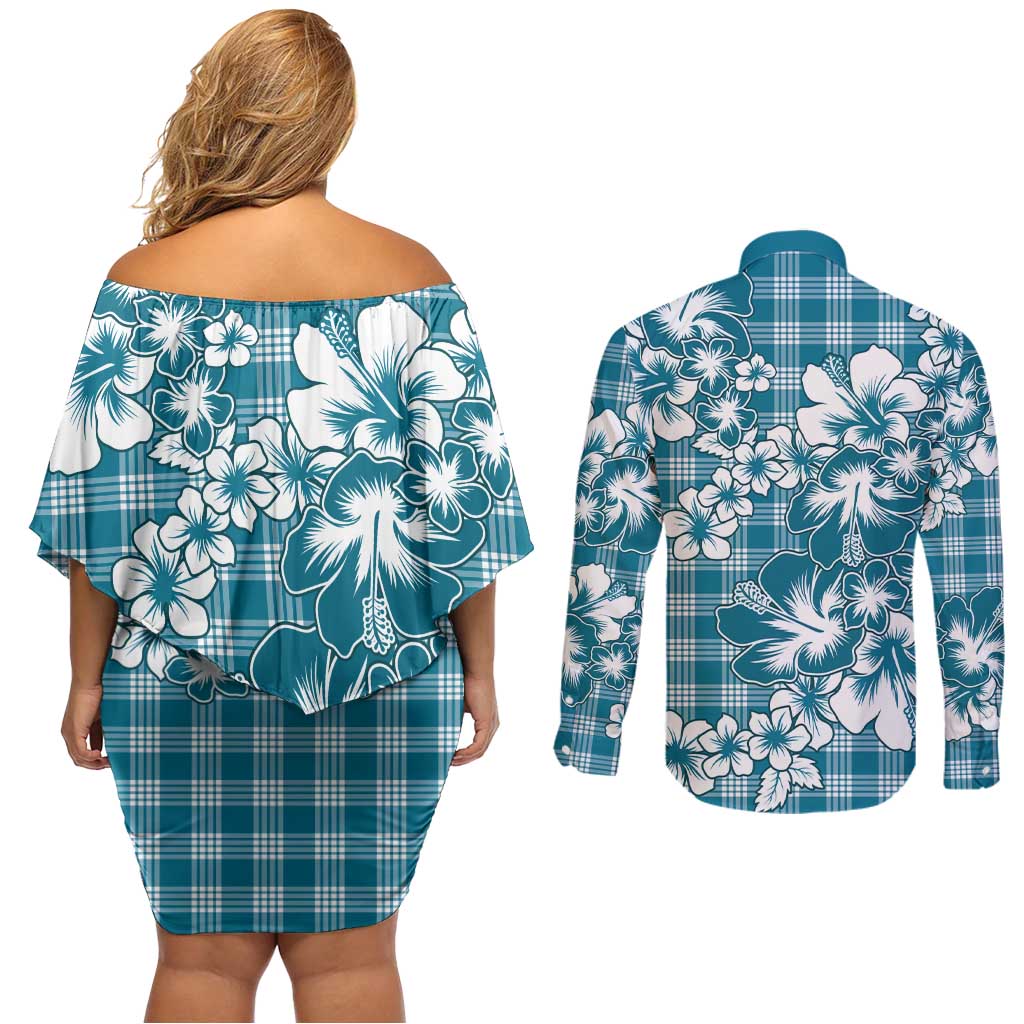 Hibiscus Pakala Ocean Depths Blue Couples Matching Off Shoulder Short Dress and Long Sleeve Button Shirt Tropical Floral Stylized LT01 - Polynesian Pride