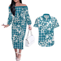 Hibiscus Pakala Ocean Depths Blue Couples Matching Off The Shoulder Long Sleeve Dress and Hawaiian Shirt Tropical Floral Stylized LT01 Blue - Polynesian Pride