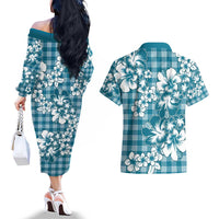 Hibiscus Pakala Ocean Depths Blue Couples Matching Off The Shoulder Long Sleeve Dress and Hawaiian Shirt Tropical Floral Stylized LT01 - Polynesian Pride