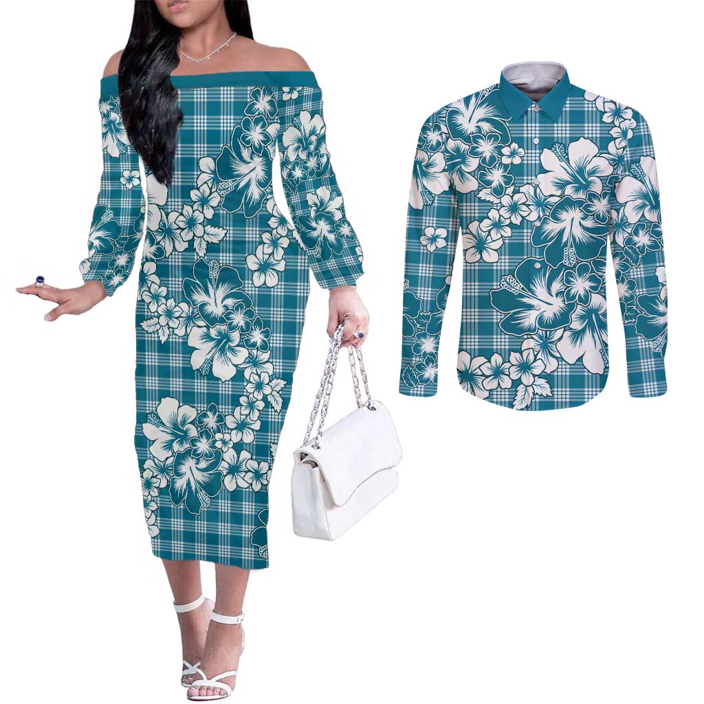 Hibiscus Pakala Ocean Depths Blue Couples Matching Off The Shoulder Long Sleeve Dress and Long Sleeve Button Shirt Tropical Floral Stylized LT01 Blue - Polynesian Pride