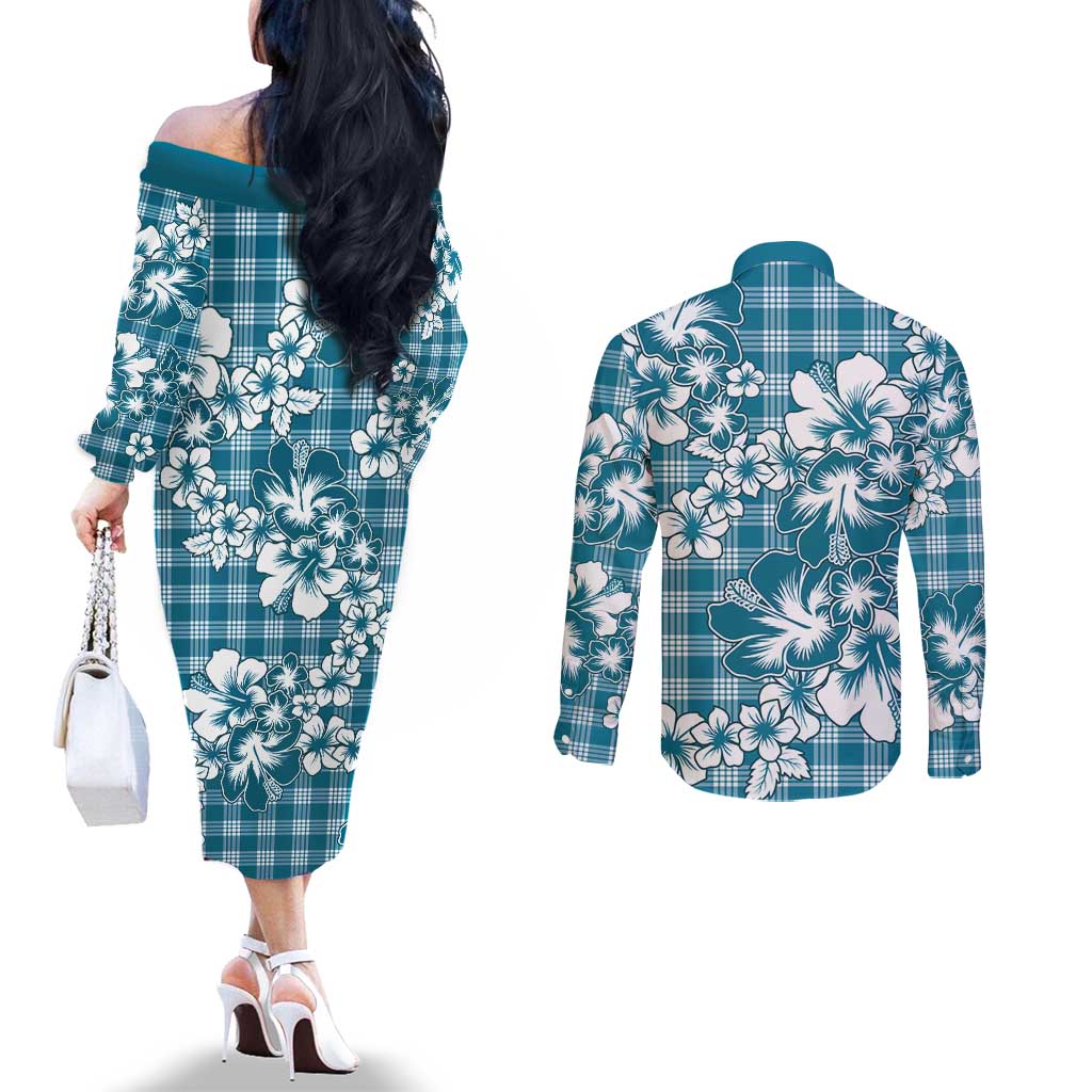 Hibiscus Pakala Ocean Depths Blue Couples Matching Off The Shoulder Long Sleeve Dress and Long Sleeve Button Shirt Tropical Floral Stylized LT01 - Polynesian Pride