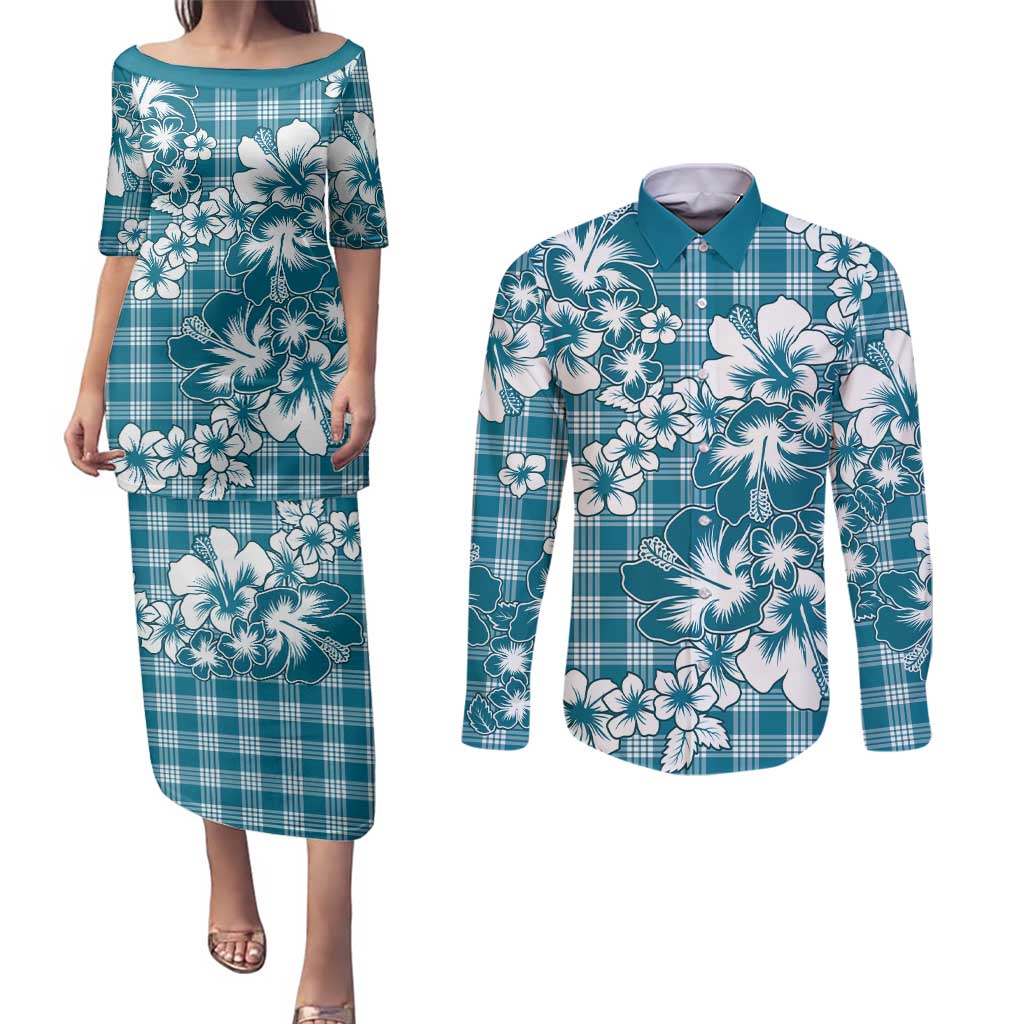 Hibiscus Pakala Ocean Depths Blue Couples Matching Puletasi and Long Sleeve Button Shirt Tropical Floral Stylized LT01 Blue - Polynesian Pride
