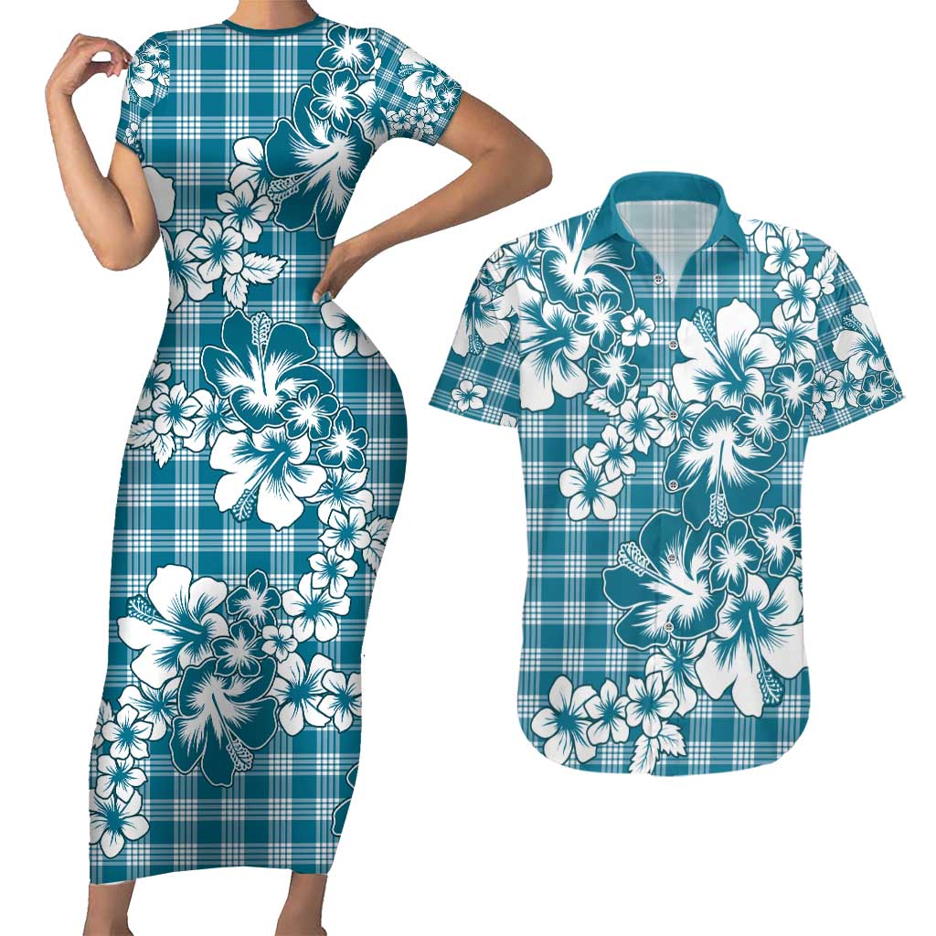 Hibiscus Pakala Ocean Depths Blue Couples Matching Short Sleeve Bodycon Dress and Hawaiian Shirt Tropical Floral Stylized LT01 Blue - Polynesian Pride