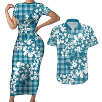 Hibiscus Pakala Ocean Depths Blue Couples Matching Short Sleeve Bodycon Dress and Hawaiian Shirt Tropical Floral Stylized LT01 Blue - Polynesian Pride