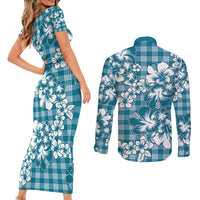 Hibiscus Pakala Ocean Depths Blue Couples Matching Short Sleeve Bodycon Dress and Long Sleeve Button Shirt Tropical Floral Stylized LT01 - Polynesian Pride