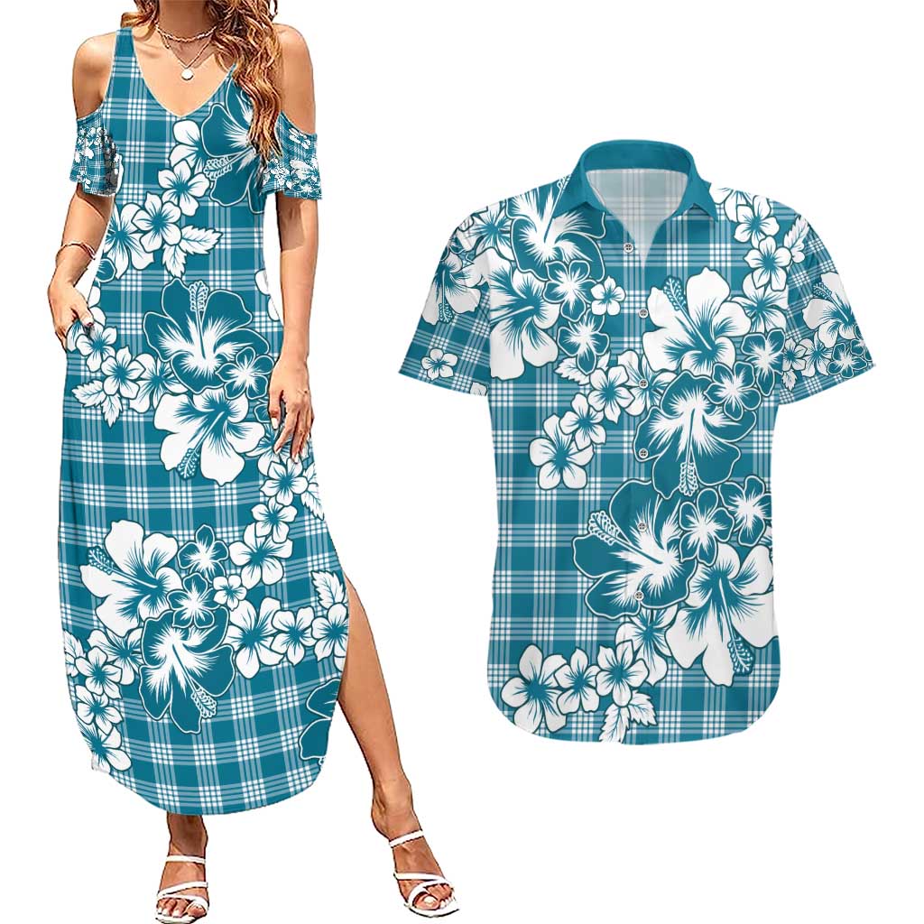 Hibiscus Pakala Ocean Depths Blue Couples Matching Summer Maxi Dress and Hawaiian Shirt Tropical Floral Stylized LT01 Blue - Polynesian Pride