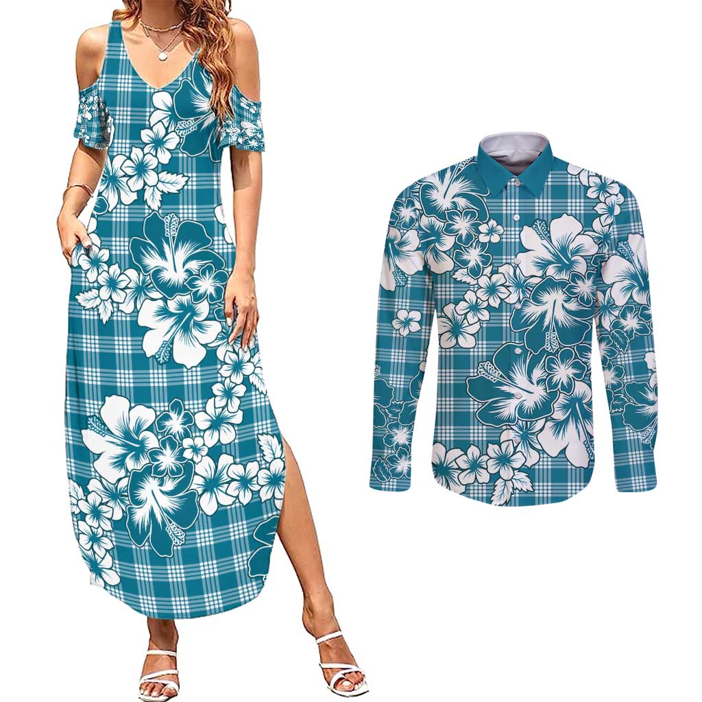 Hibiscus Pakala Ocean Depths Blue Couples Matching Summer Maxi Dress and Long Sleeve Button Shirt Tropical Floral Stylized LT01 Blue - Polynesian Pride