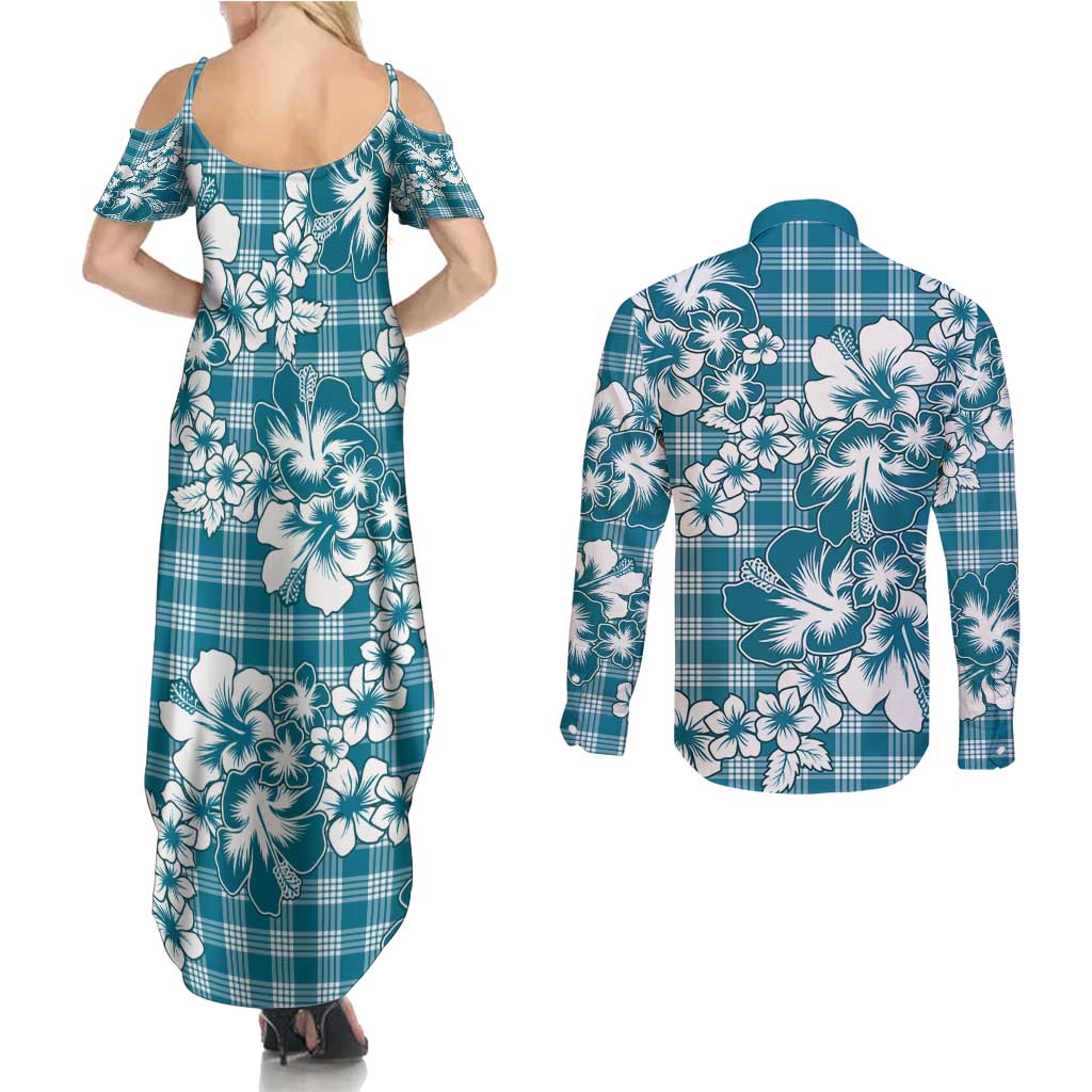Hibiscus Pakala Ocean Depths Blue Couples Matching Summer Maxi Dress and Long Sleeve Button Shirt Tropical Floral Stylized LT01 - Polynesian Pride