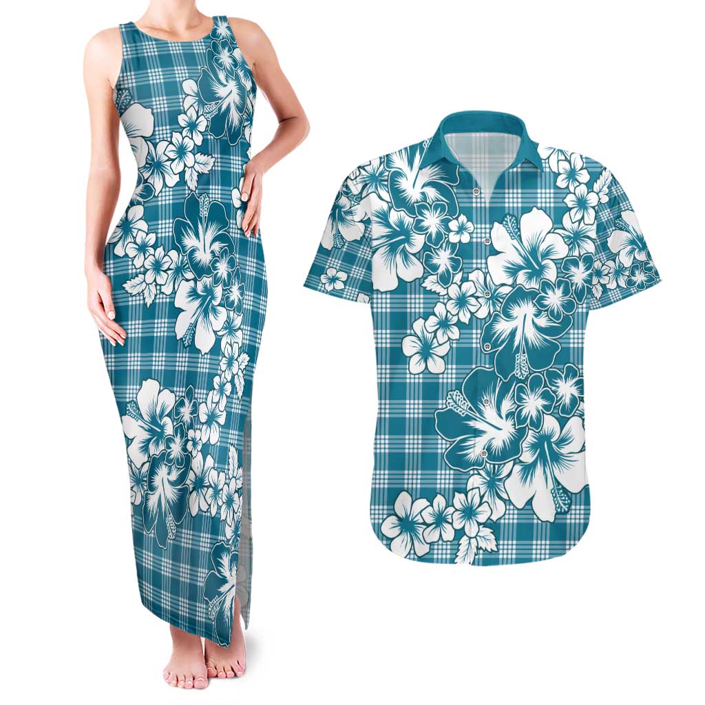 Hibiscus Pakala Ocean Depths Blue Couples Matching Tank Maxi Dress and Hawaiian Shirt Tropical Floral Stylized LT01 Blue - Polynesian Pride