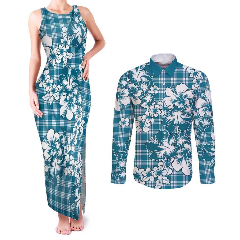 Hibiscus Pakala Ocean Depths Blue Couples Matching Tank Maxi Dress and Long Sleeve Button Shirt Tropical Floral Stylized LT01 Blue - Polynesian Pride