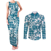 Hibiscus Pakala Ocean Depths Blue Couples Matching Tank Maxi Dress and Long Sleeve Button Shirt Tropical Floral Stylized LT01 Blue - Polynesian Pride
