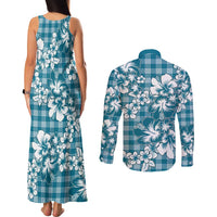 Hibiscus Pakala Ocean Depths Blue Couples Matching Tank Maxi Dress and Long Sleeve Button Shirt Tropical Floral Stylized LT01 - Polynesian Pride