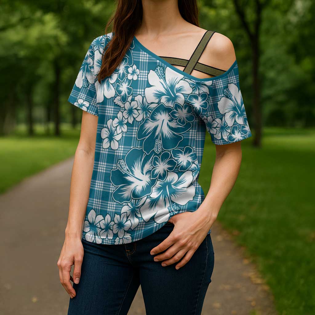 Hibiscus Pakala Ocean Depths Blue Cross Shoulder Shirt Tropical Floral Stylized - Polynesian Pride