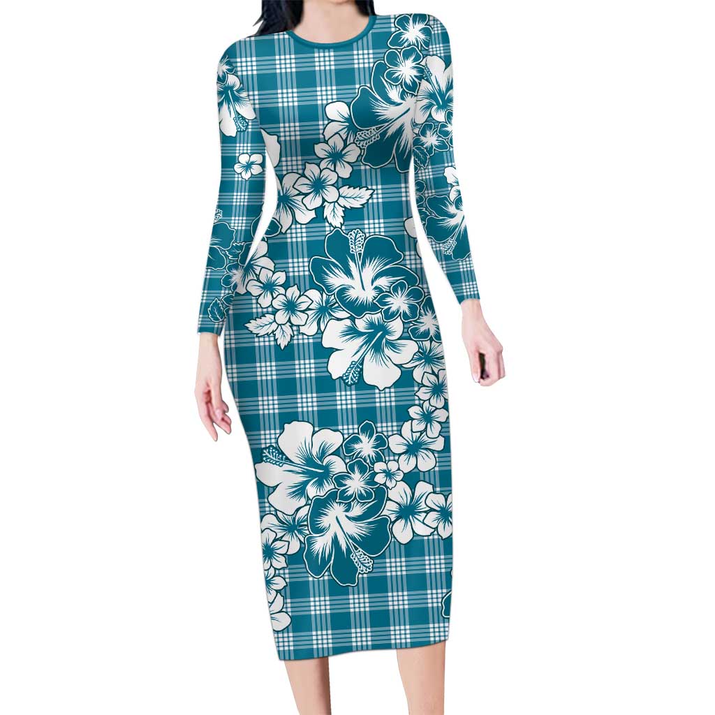 Hibiscus Pakala Ocean Depths Blue Family Matching Long Sleeve Bodycon Dress and Hawaiian Shirt Tropical Floral Stylized LT01 Mom's Dress Blue - Polynesian Pride