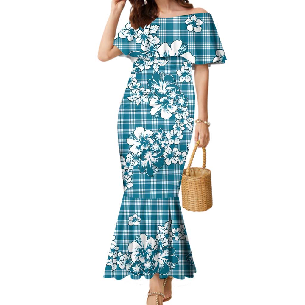 Hibiscus Pakala Ocean Depths Blue Family Matching Mermaid Dress and Hawaiian Shirt Tropical Floral Stylized LT01 Mom's Dress Blue - Polynesian Pride
