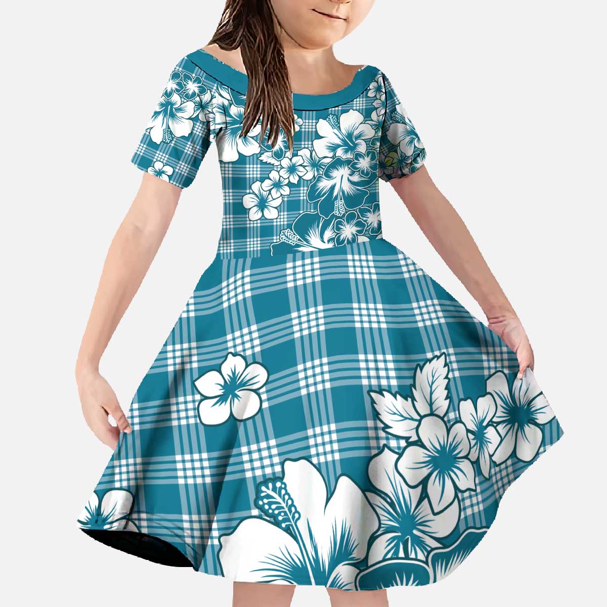Hibiscus Pakala Ocean Depths Blue Family Matching Off The Shoulder Long Sleeve Dress and Hawaiian Shirt Tropical Floral Stylized LT01 Daughter's Dress Blue - Polynesian Pride