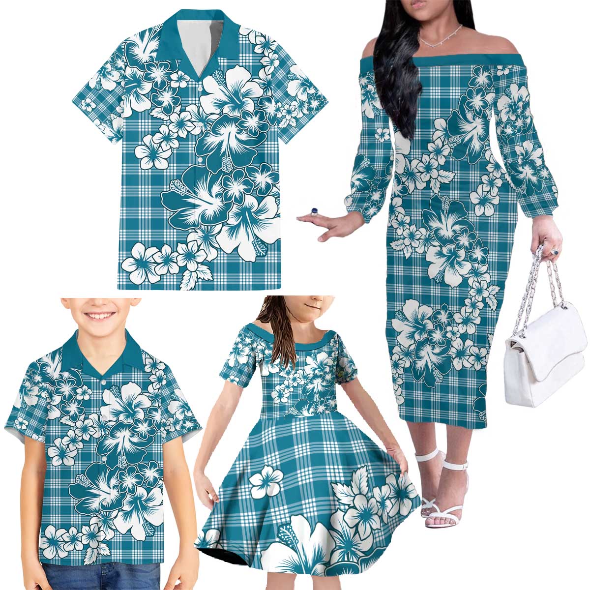 Hibiscus Pakala Ocean Depths Blue Family Matching Off The Shoulder Long Sleeve Dress and Hawaiian Shirt Tropical Floral Stylized LT01 - Polynesian Pride