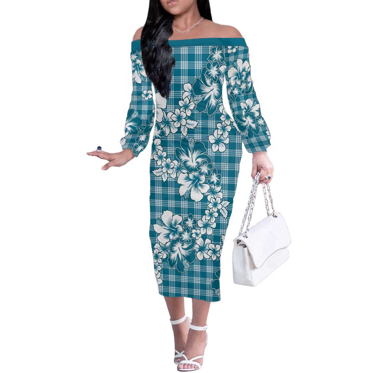 Hibiscus Pakala Ocean Depths Blue Family Matching Off The Shoulder Long Sleeve Dress and Hawaiian Shirt Tropical Floral Stylized LT01 Mom's Dress Blue - Polynesian Pride