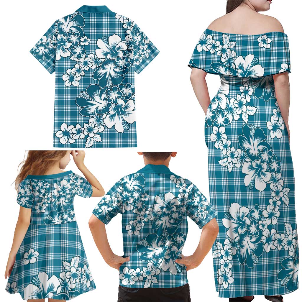 Hibiscus Pakala Ocean Depths Blue Family Matching Off Shoulder Maxi Dress and Hawaiian Shirt Tropical Floral Stylized LT01 - Polynesian Pride