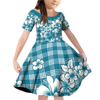 Hibiscus Pakala Ocean Depths Blue Family Matching Off Shoulder Short Dress and Hawaiian Shirt Tropical Floral Stylized LT01 Daughter's Dress Blue - Polynesian Pride