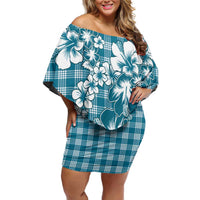 Hibiscus Pakala Ocean Depths Blue Family Matching Off Shoulder Short Dress and Hawaiian Shirt Tropical Floral Stylized LT01 Mom's Dress Blue - Polynesian Pride
