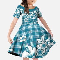 Hibiscus Pakala Ocean Depths Blue Family Matching Puletasi and Hawaiian Shirt Tropical Floral Stylized LT01 Daughter's Dress Blue - Polynesian Pride
