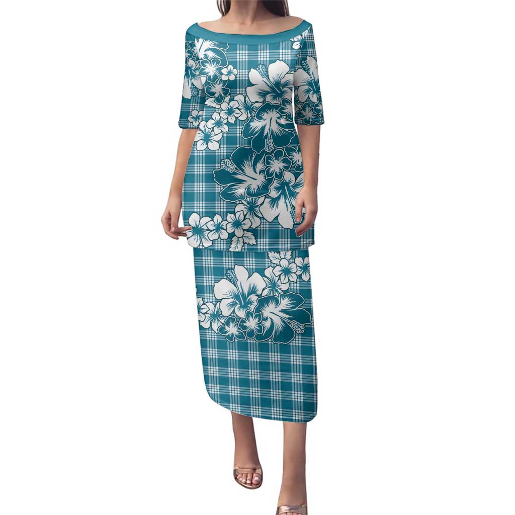Hibiscus Pakala Ocean Depths Blue Family Matching Puletasi and Hawaiian Shirt Tropical Floral Stylized LT01 Mom's Dress Blue - Polynesian Pride