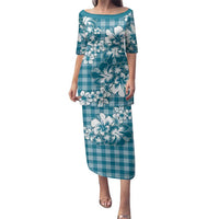 Hibiscus Pakala Ocean Depths Blue Family Matching Puletasi and Hawaiian Shirt Tropical Floral Stylized LT01 Mom's Dress Blue - Polynesian Pride
